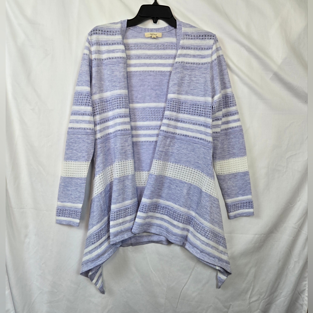 Peyton Primrose Women's Lavender White Striped Long Sleeve Open Front Cardigan L